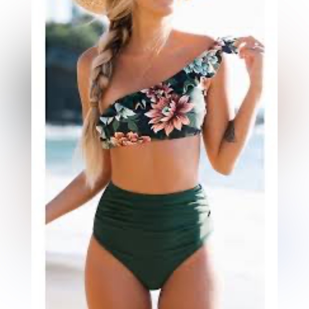 Cupshe M Green Floral One-shoulder Bikini